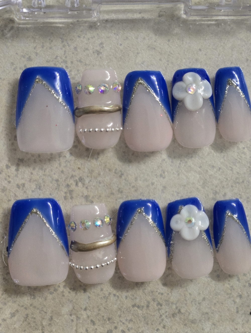 Blue Tip Press-On Nail Set w/Rhinestones and Flower Accents, Short Length Square